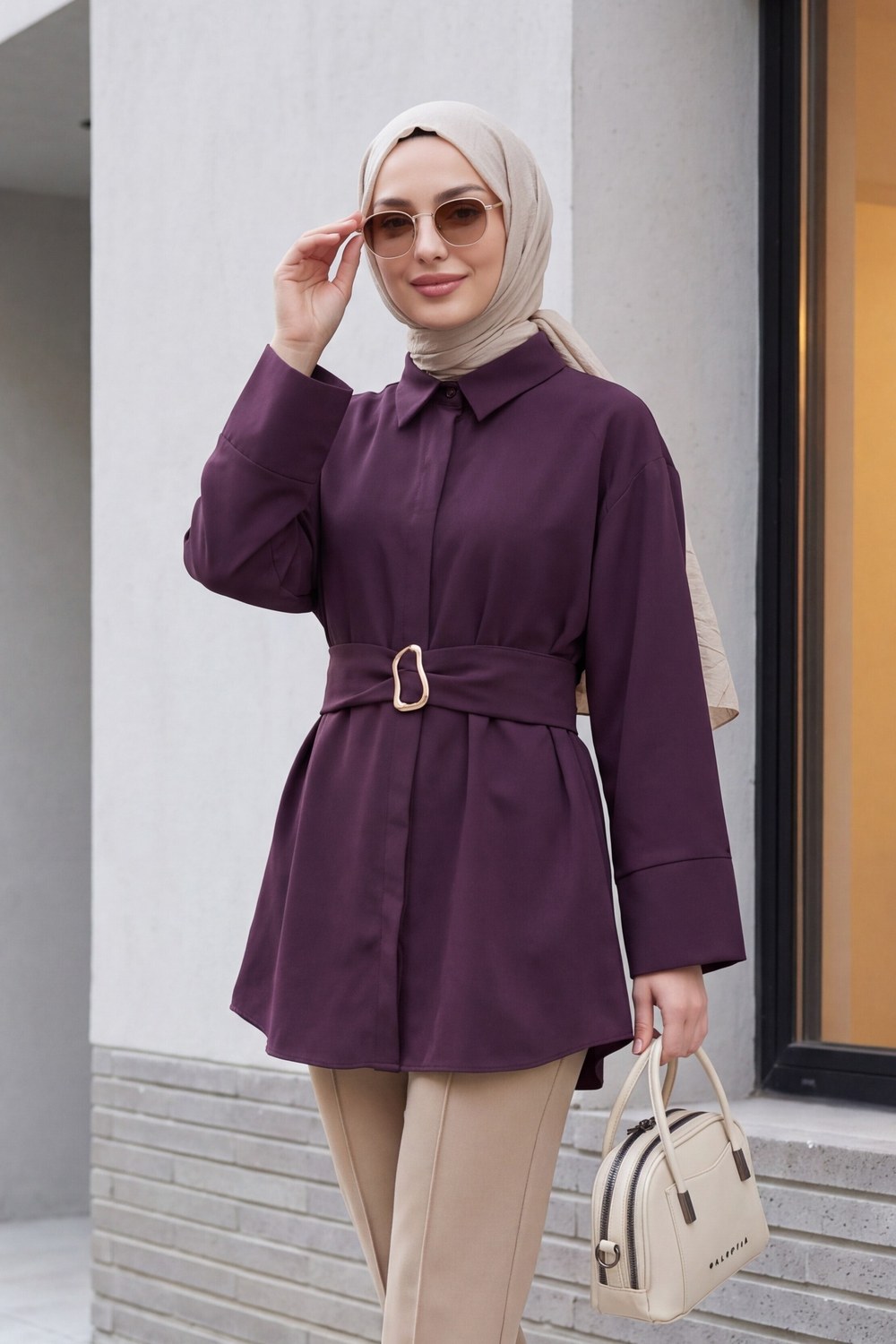 Tokalı Kemerli Duble Manşet Kol Gizli Düğmeli Poplin Tunik -Mürdüm