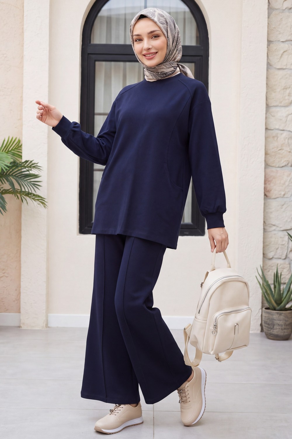 Bisiklet Yaka Oversize Cepli Pantolonlu Penye Takım -Lacivert