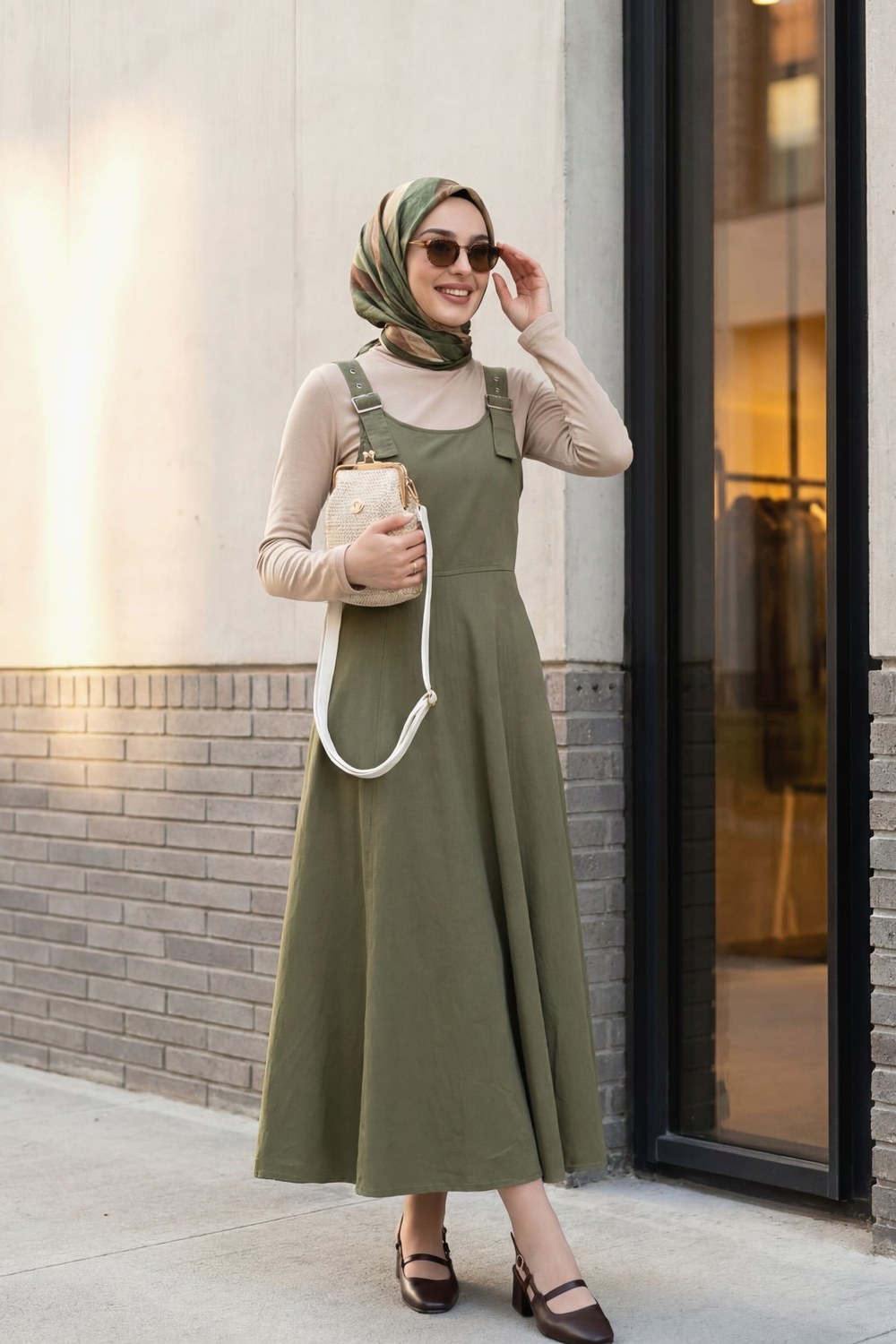 Yarım Fermuarlı Askılı Gabardin Jile -Haki