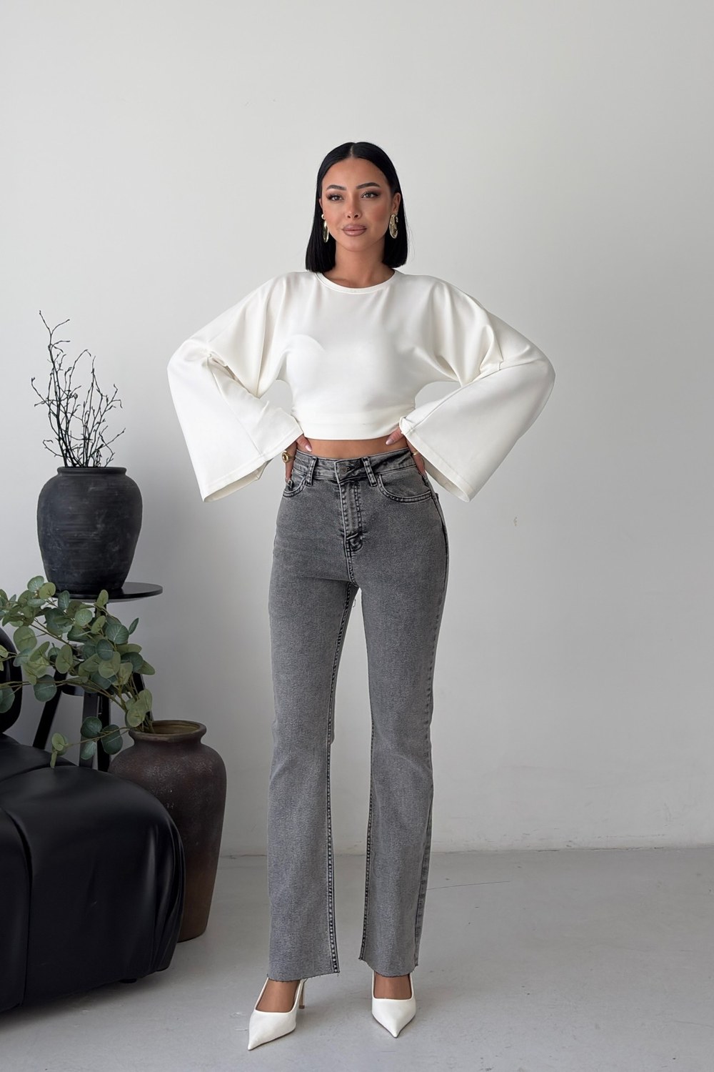 İspanyol Mom Fit Kot Pantolon 1706 Gri Kar Yıkama