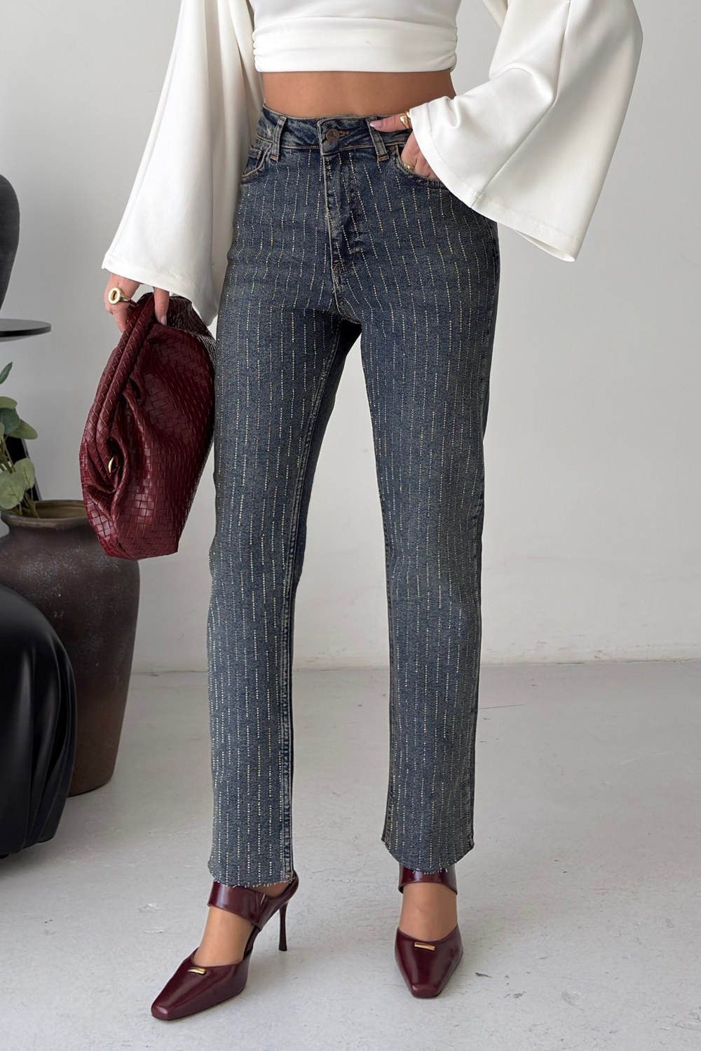 Taşlı Mom Fit Kot Pantolon 7218 Koyu Mavi Kar Yıkama Tintli