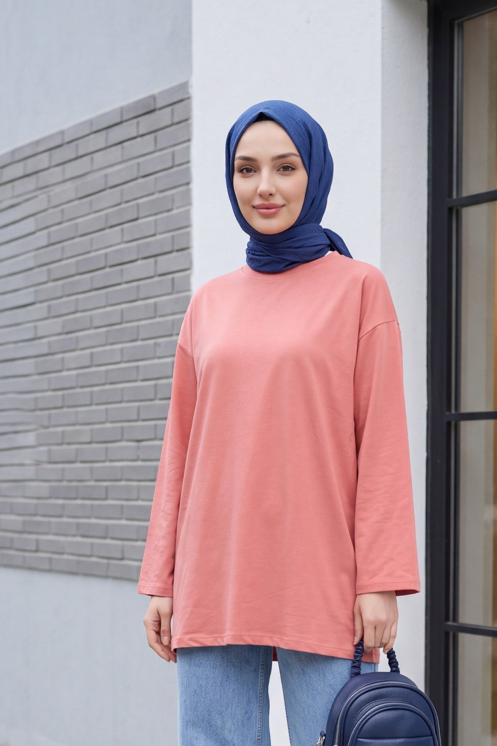 Yuvarlak Yaka Salaş Penye Tunik -Gül Kurusu