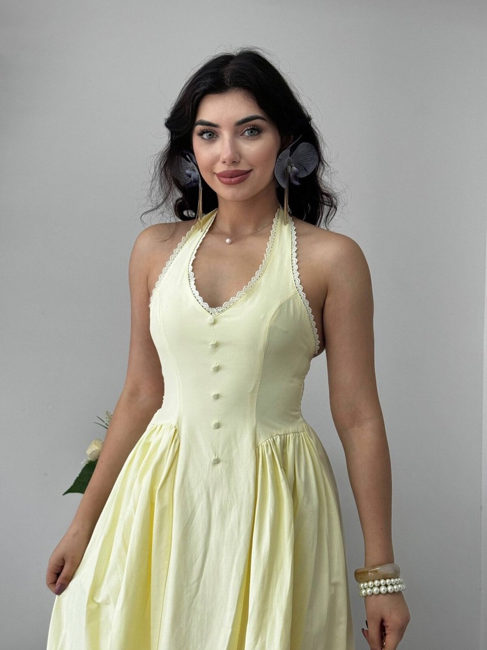 Smen Düğme Detaylı Elbise ETK-00947-sari