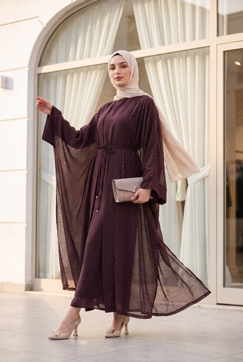 Kemerli İçlikli Taş Detaylı Astarlı Flam Tül Abaya Takım -Mürdüm