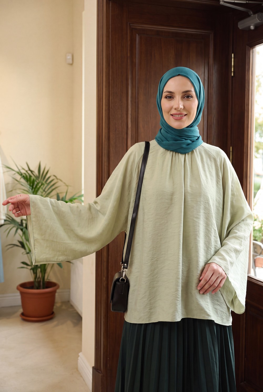 İspanyol Kol İçi Astarlı Tül Modal Bluz -Çağla Yeşili
