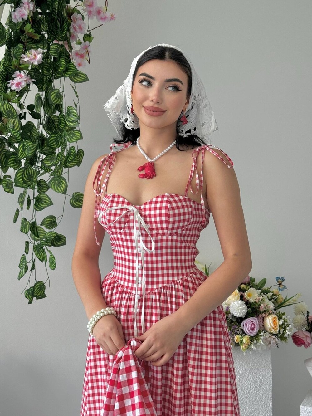 Yumak İp Askılı Elbise ETK-00956-kirmizi