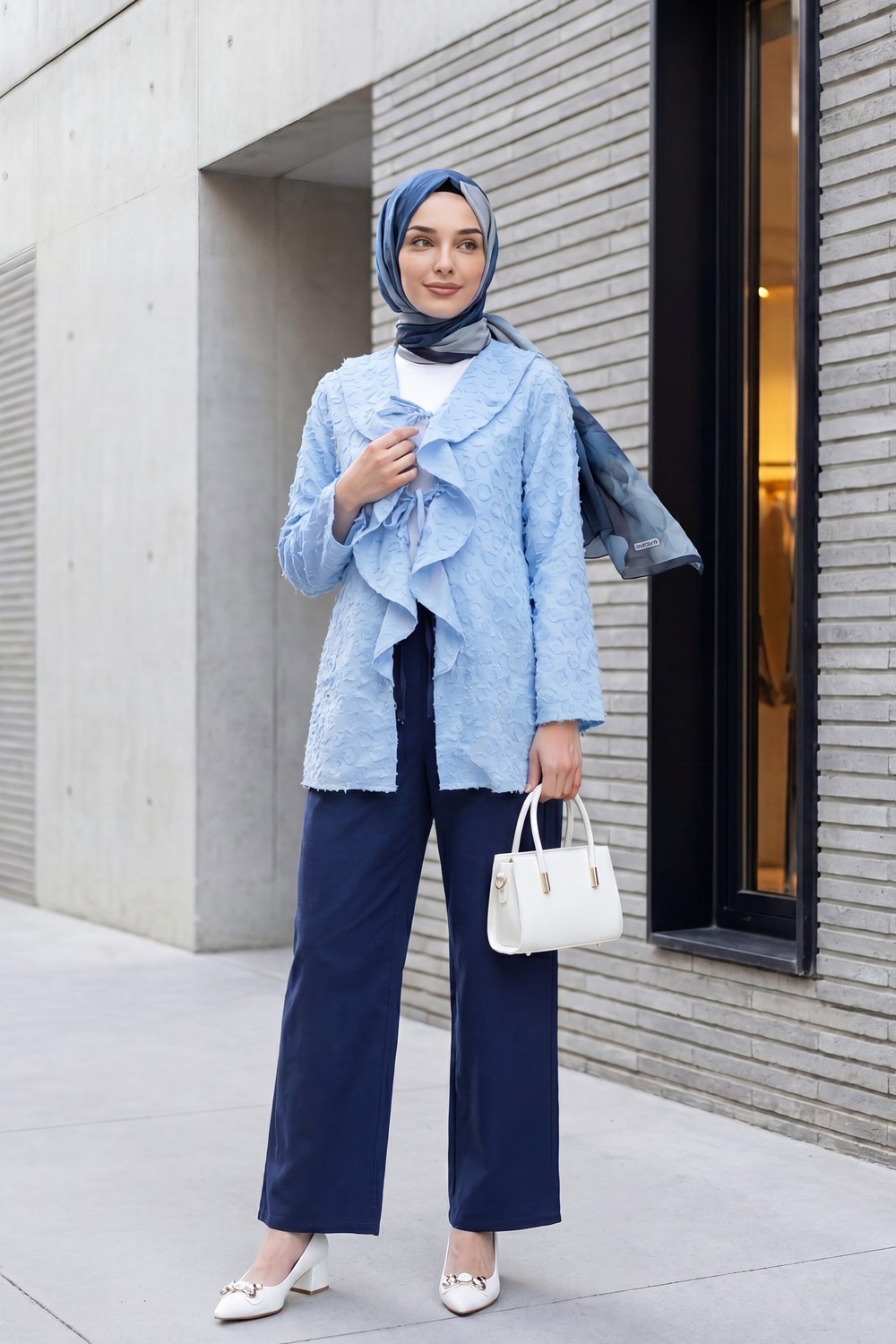 Önü Bağlamalı Fırfırlı Püsküllü Jakar Kimono -Açık Mavi