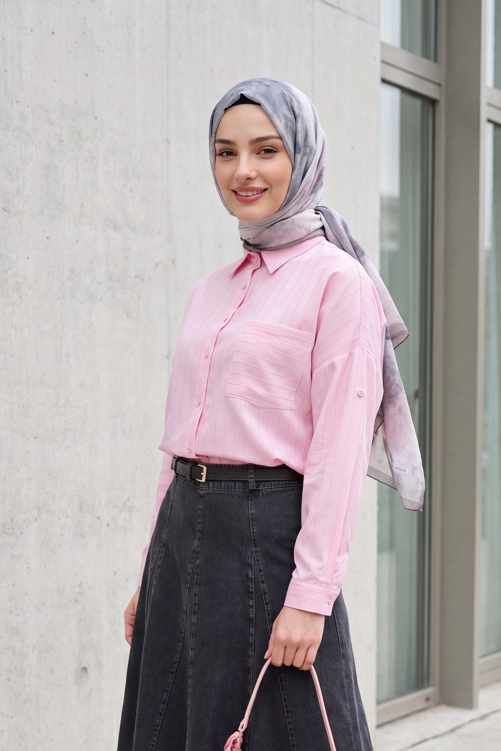 Tep Cepli Arkası Uzun Oversize Keten Gömlek -Pudra