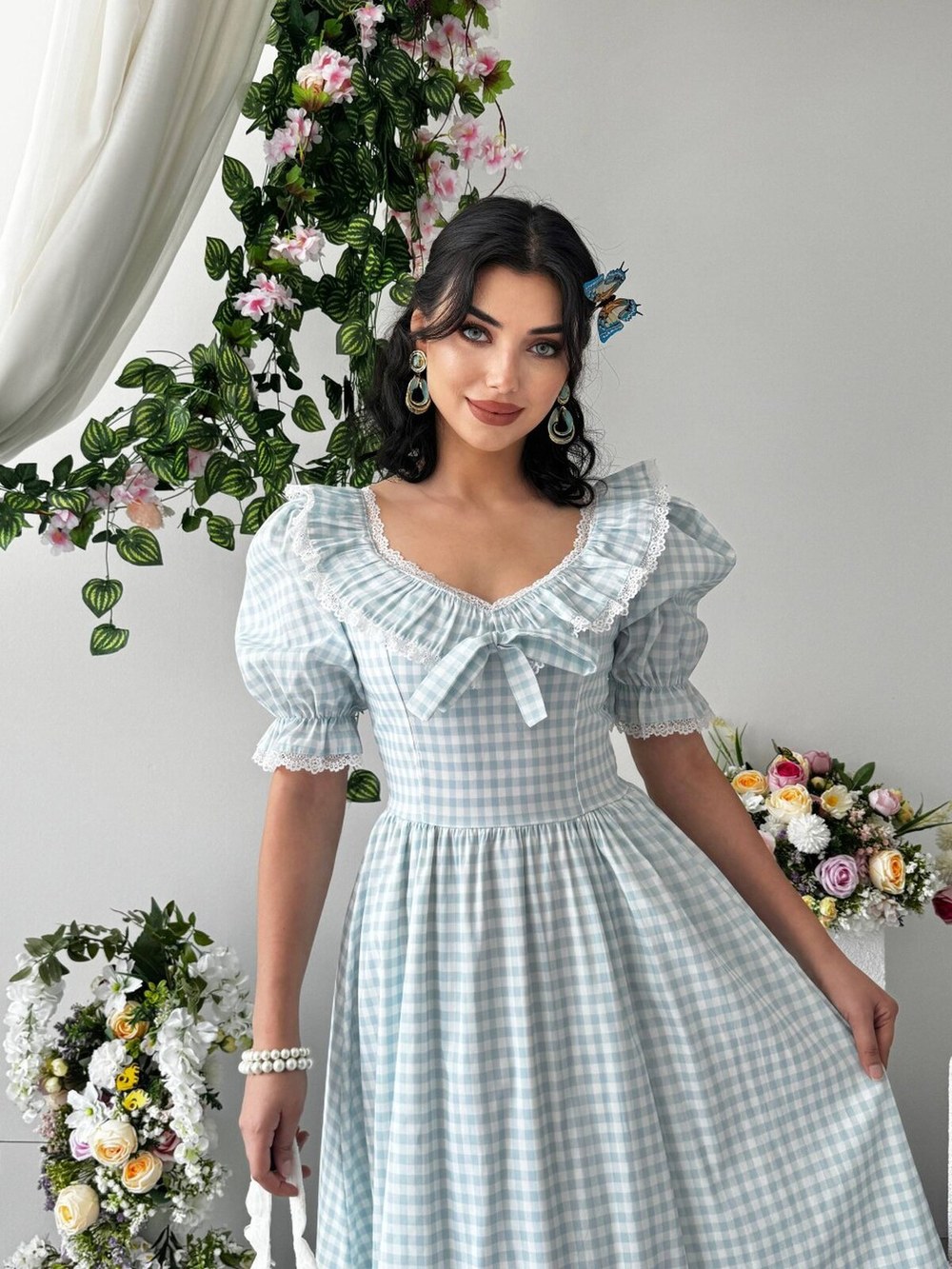 Geun Fırfır Yaka Elbise ETK-00964-mavi