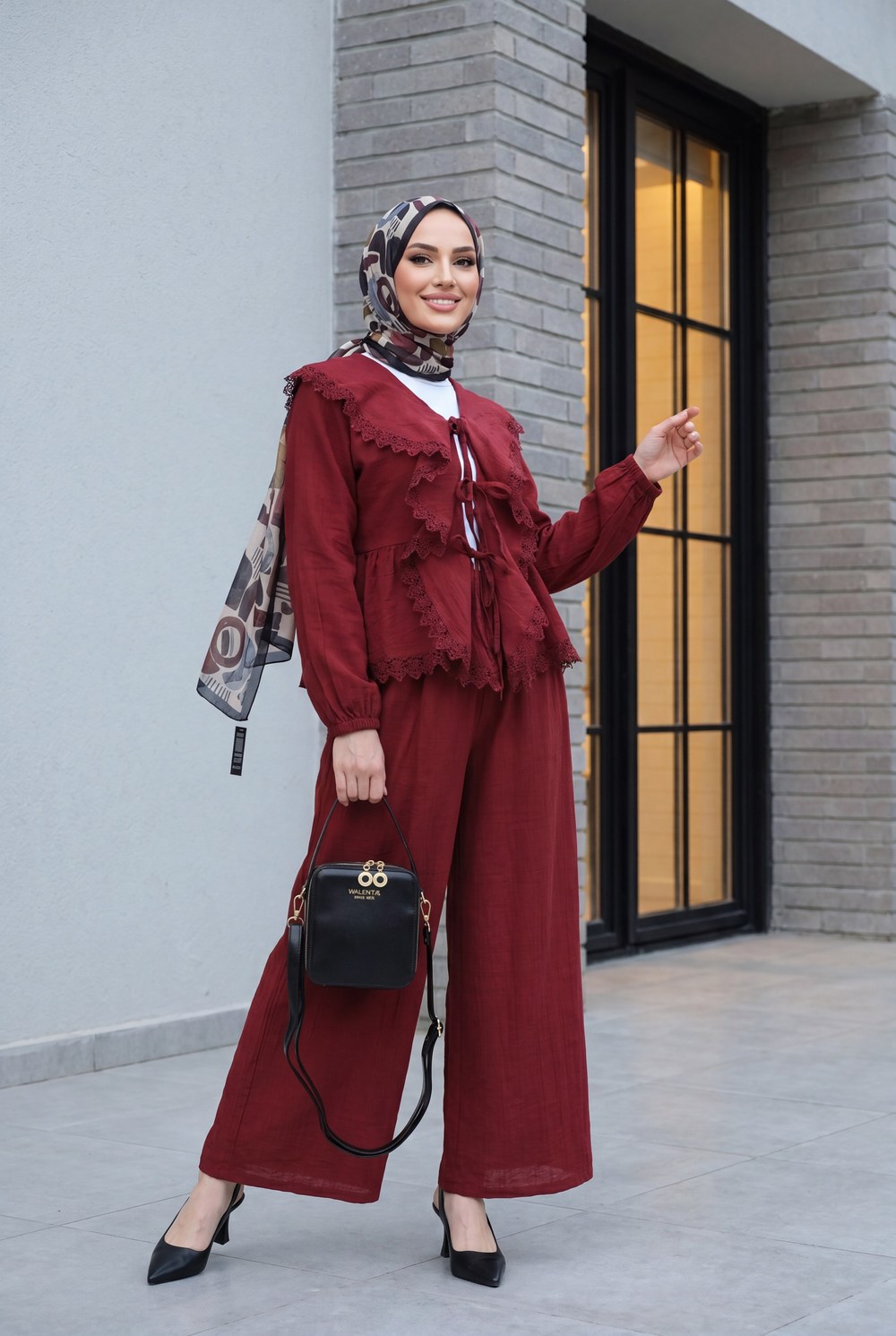 Dantel Detaylı Önü Bağlamalı Pantolonlu Çilek Takım -Bordo