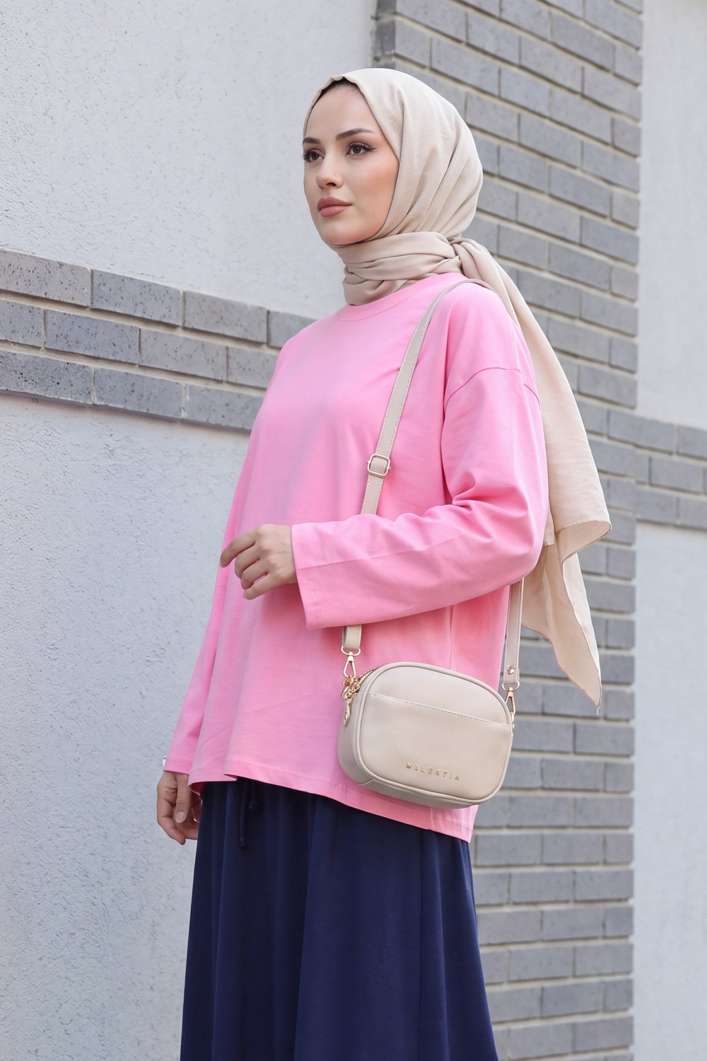 Bisiklet Yaka Uzun Kollu Oversize Penye Sweat -Pembe