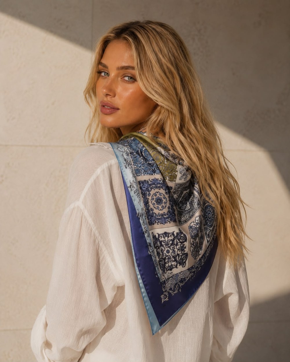 15415 Etnik Desen Lacivert Bandana Fular 70x70 Cm