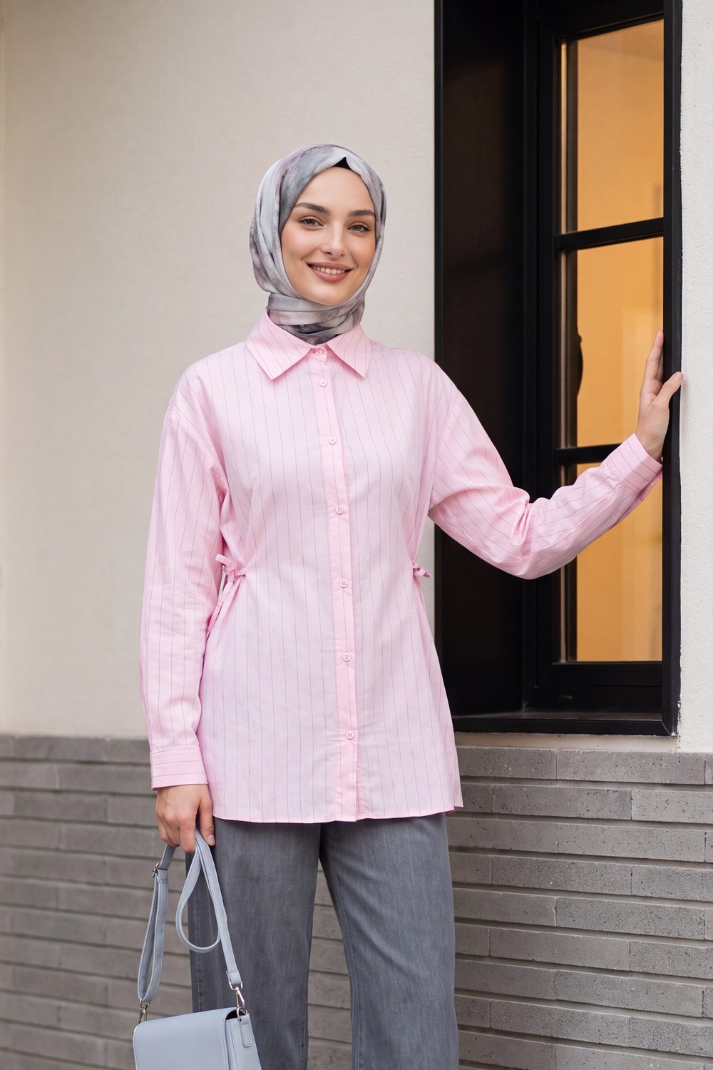 Yanları Bağcıklı Çizgili Düğmeli Modal Tunik -Pembe