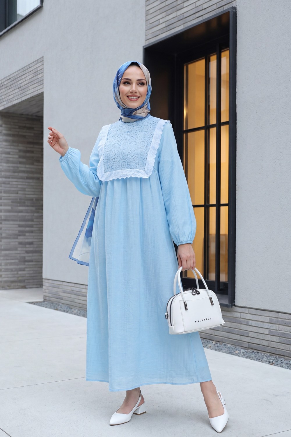 Çıkarılabilir Dantel Yelekli Kolu Lastikli Astarlı Bürümcük Elbise -Bebe Mavi