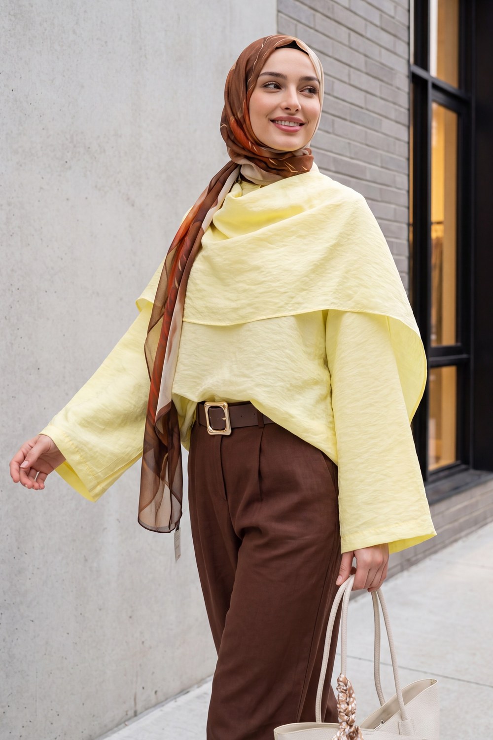 Çıkarılabilir Pelerinli Oversize Modal Tunik -Sarı