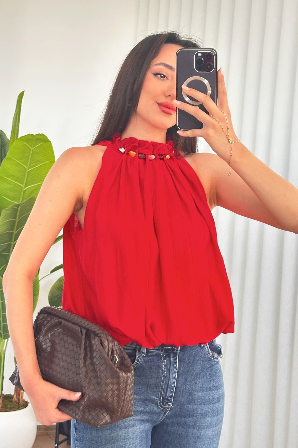 Yakası Boncuklu Balon Model Toptan Kırmızı Bluz Kırmızı