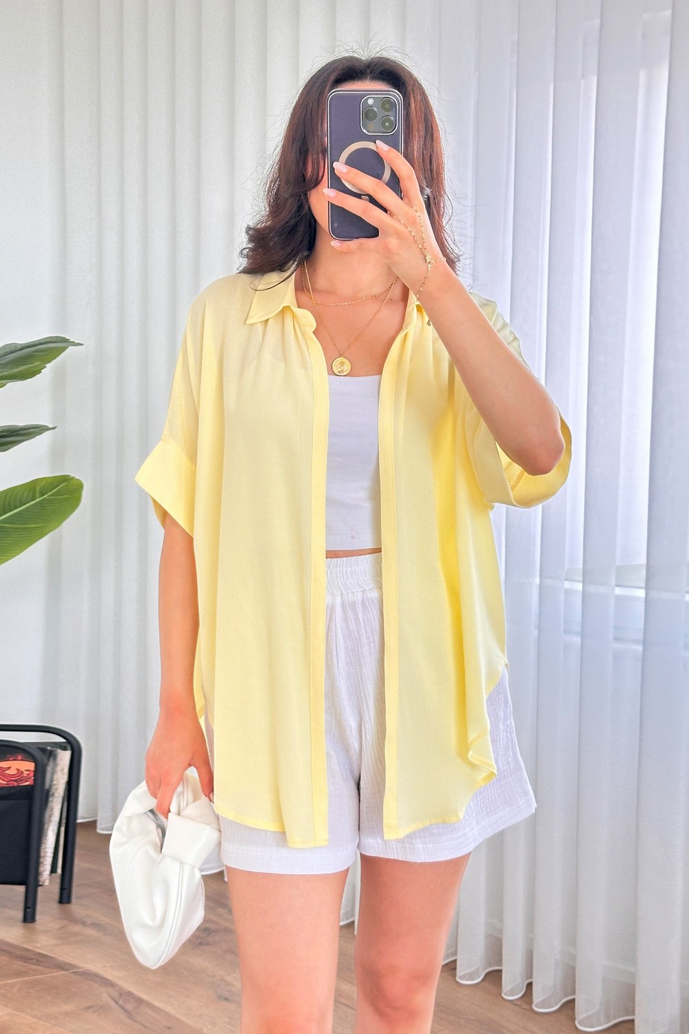 Kısa Kol Basic Kimono Toptan Sarı Bluz Sarı