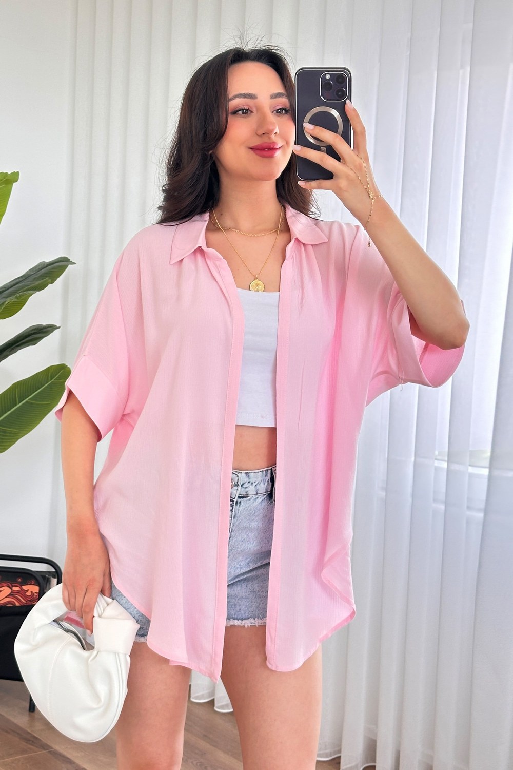 Kısa Kol Basic Kimono Toptan Pembe Bluz Pembe