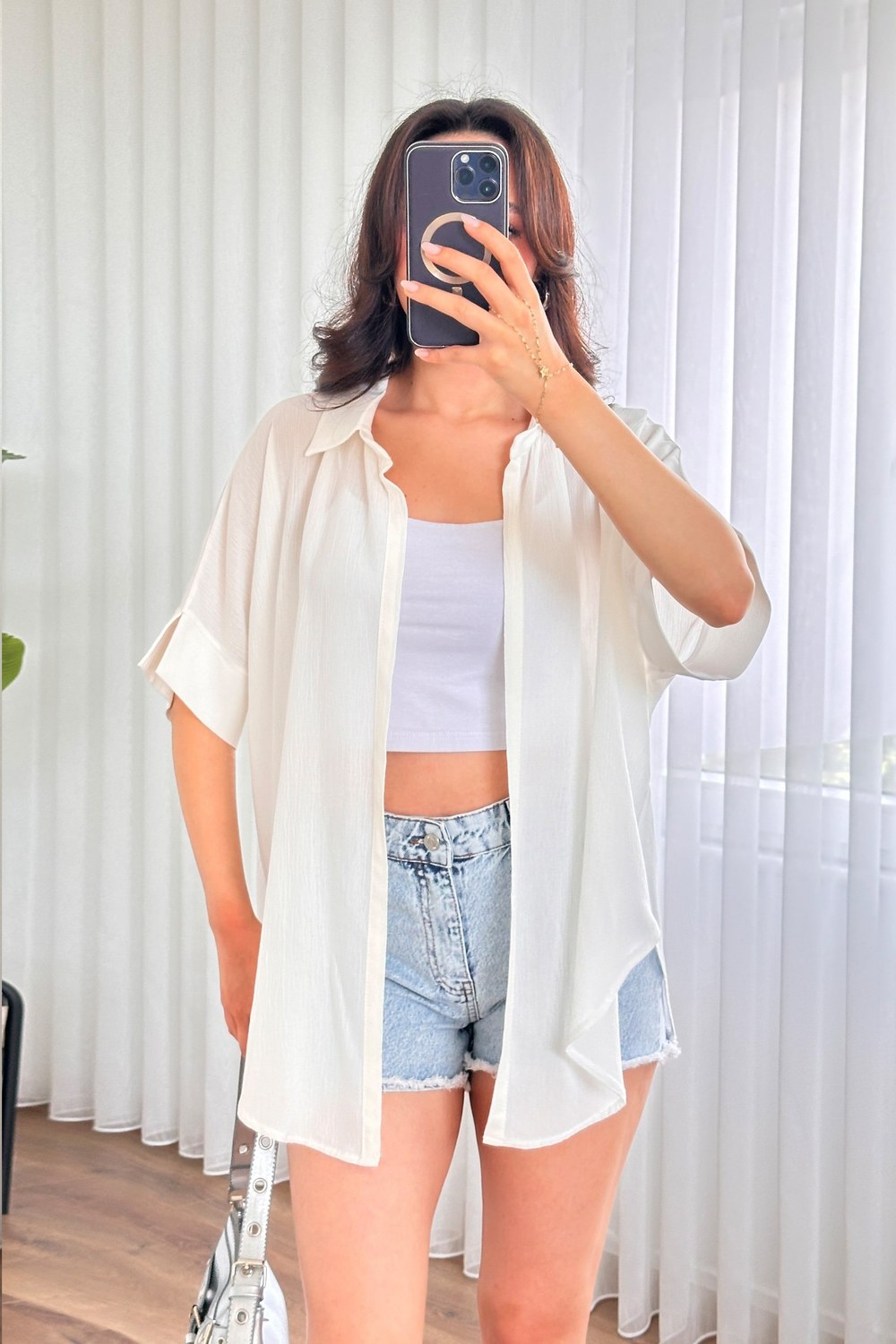 Kısa Kol Basic Kimono Toptan Ekru Bluz Ekru