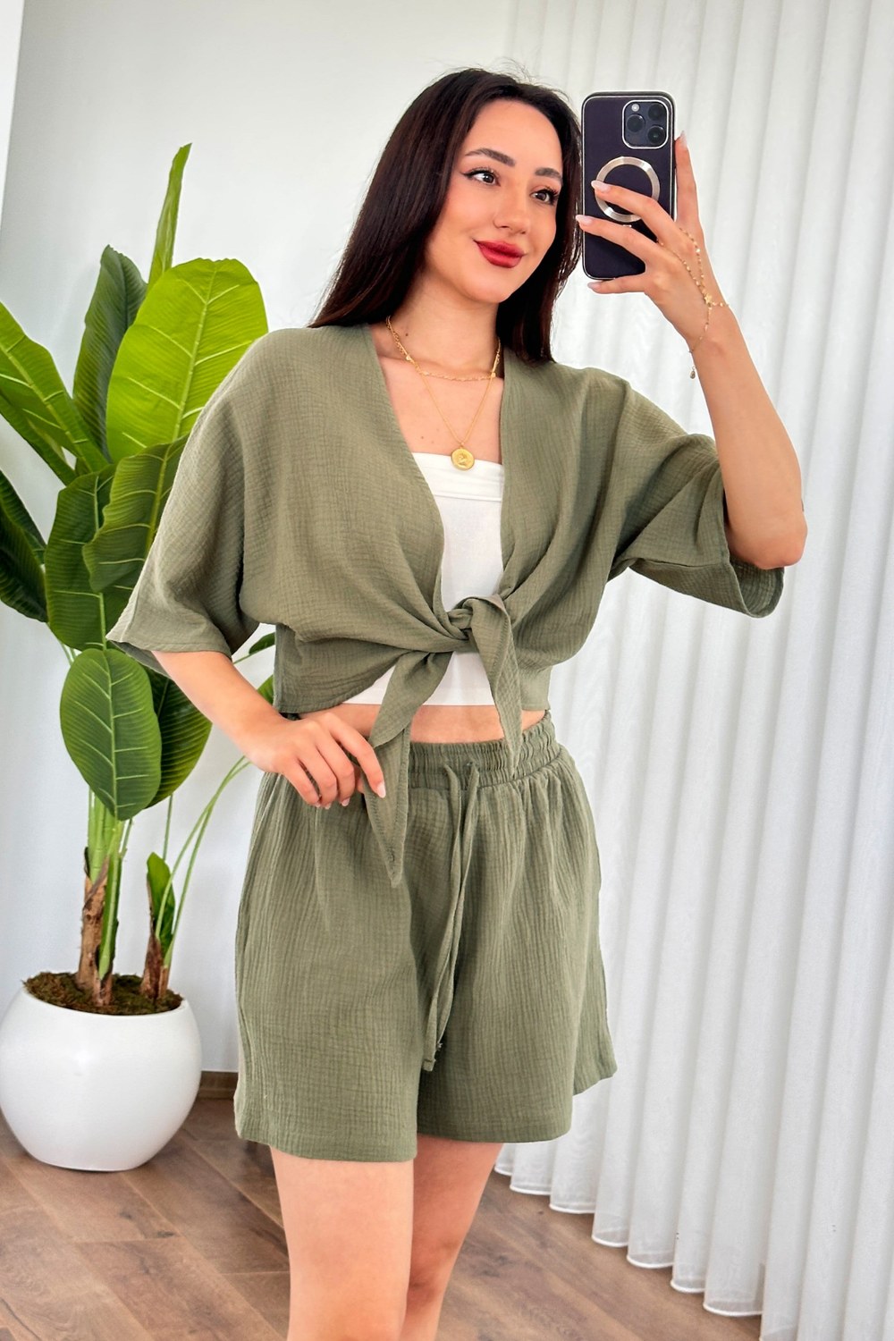 Müslin Önden Bağlamalı Kısa Model Toptan Haki Kimono Haki
