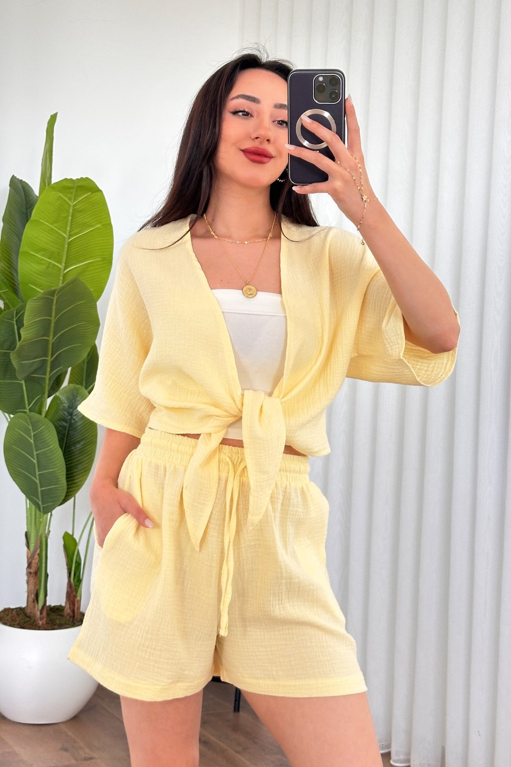 Müslin Önden Bağlamalı Kısa Model Toptan Sarı Kimono Sarı