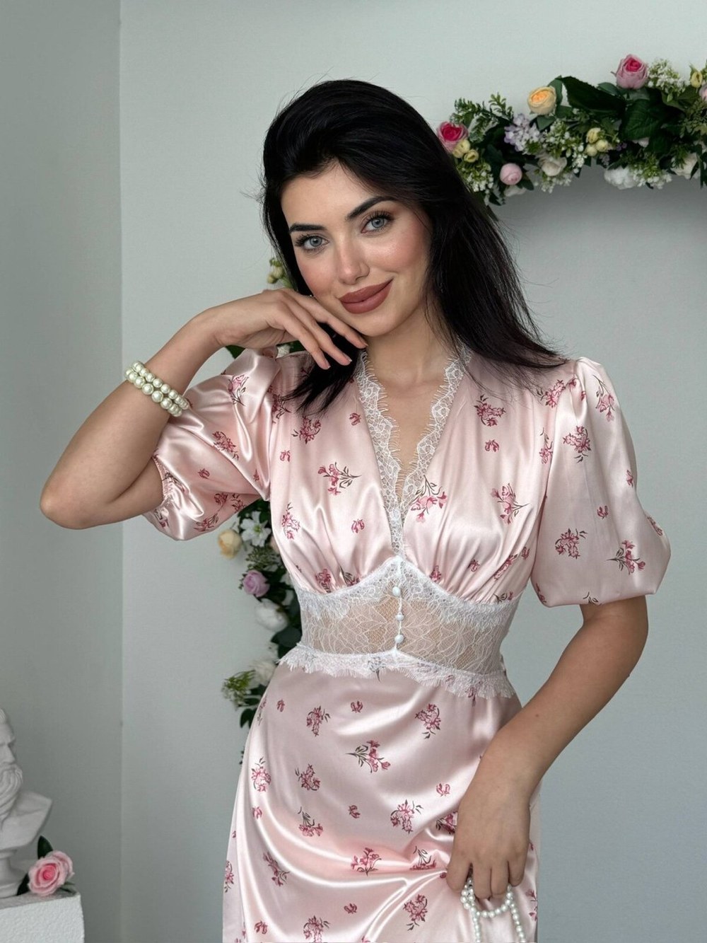 Bras Transparan Detaylı Elbise ETK-00980-cicek-desen