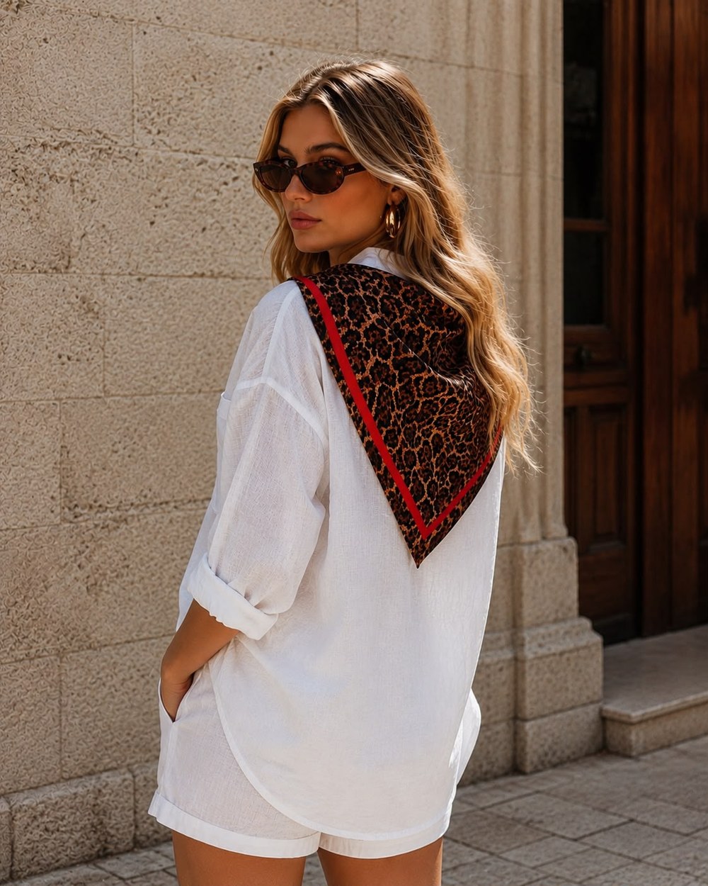 15418 Leopar Desenli Vizon Bandana Fular 70x70 Cm