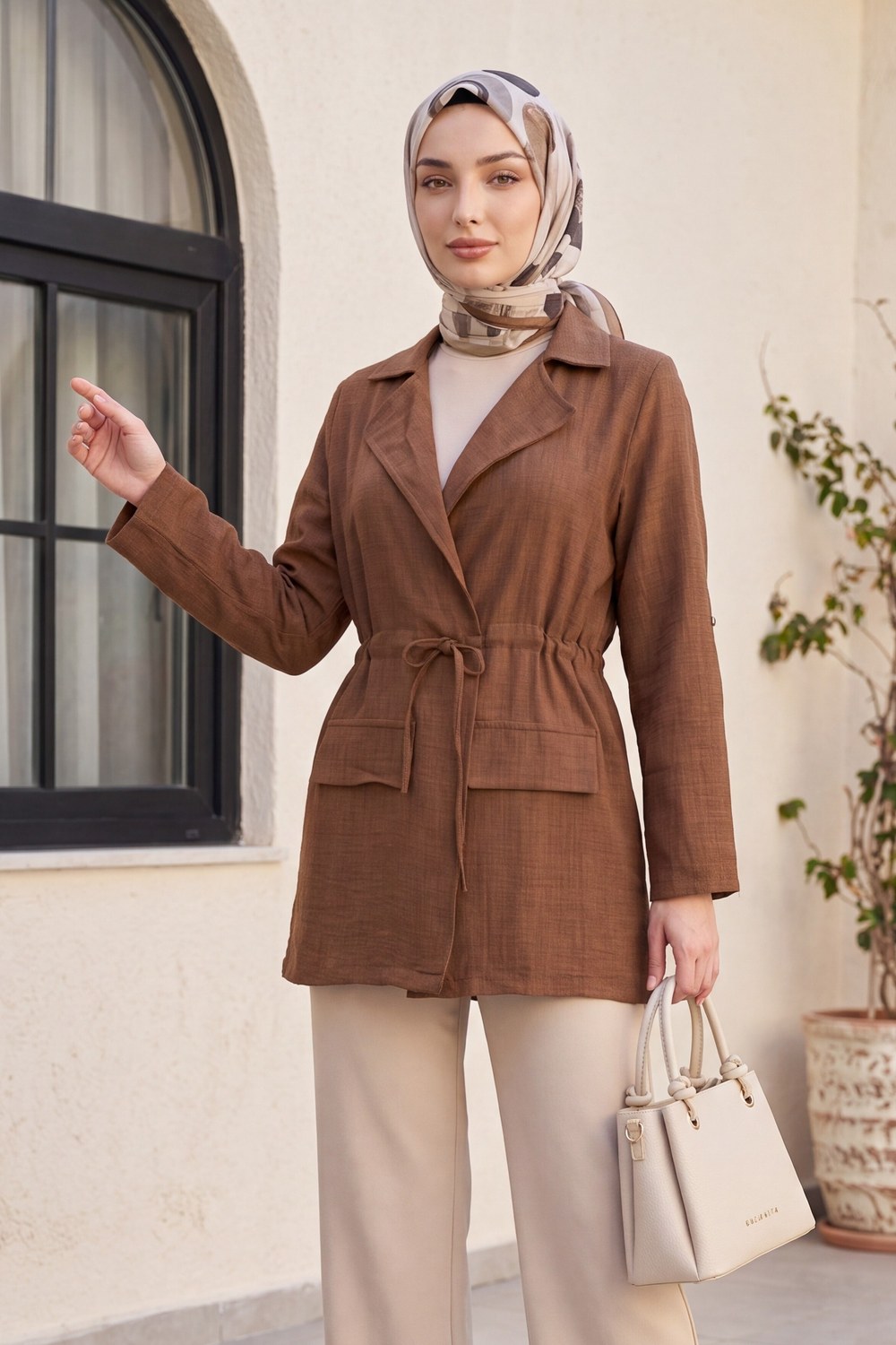 Tünel Bağcıklı Cep Detaylı Keten Görünümlü Kimono -Kahverengi