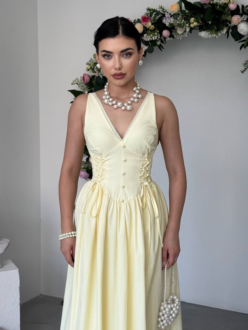 Mahus Düğme Detaylı Elbise ETK-00983-sari
