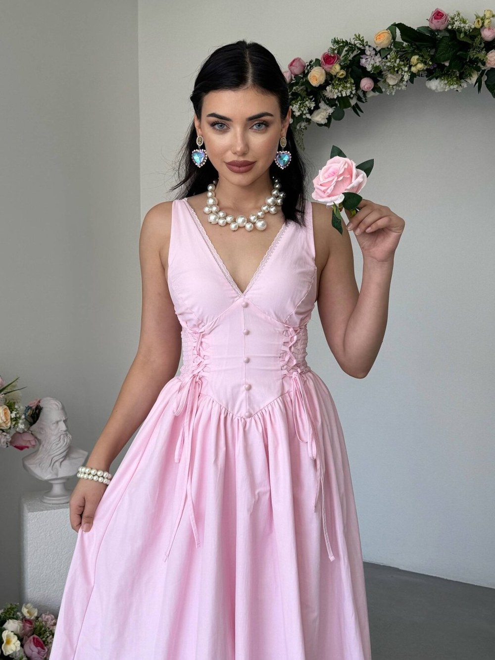 Mahus Düğme Detaylı Elbise ETK-00983-pembe