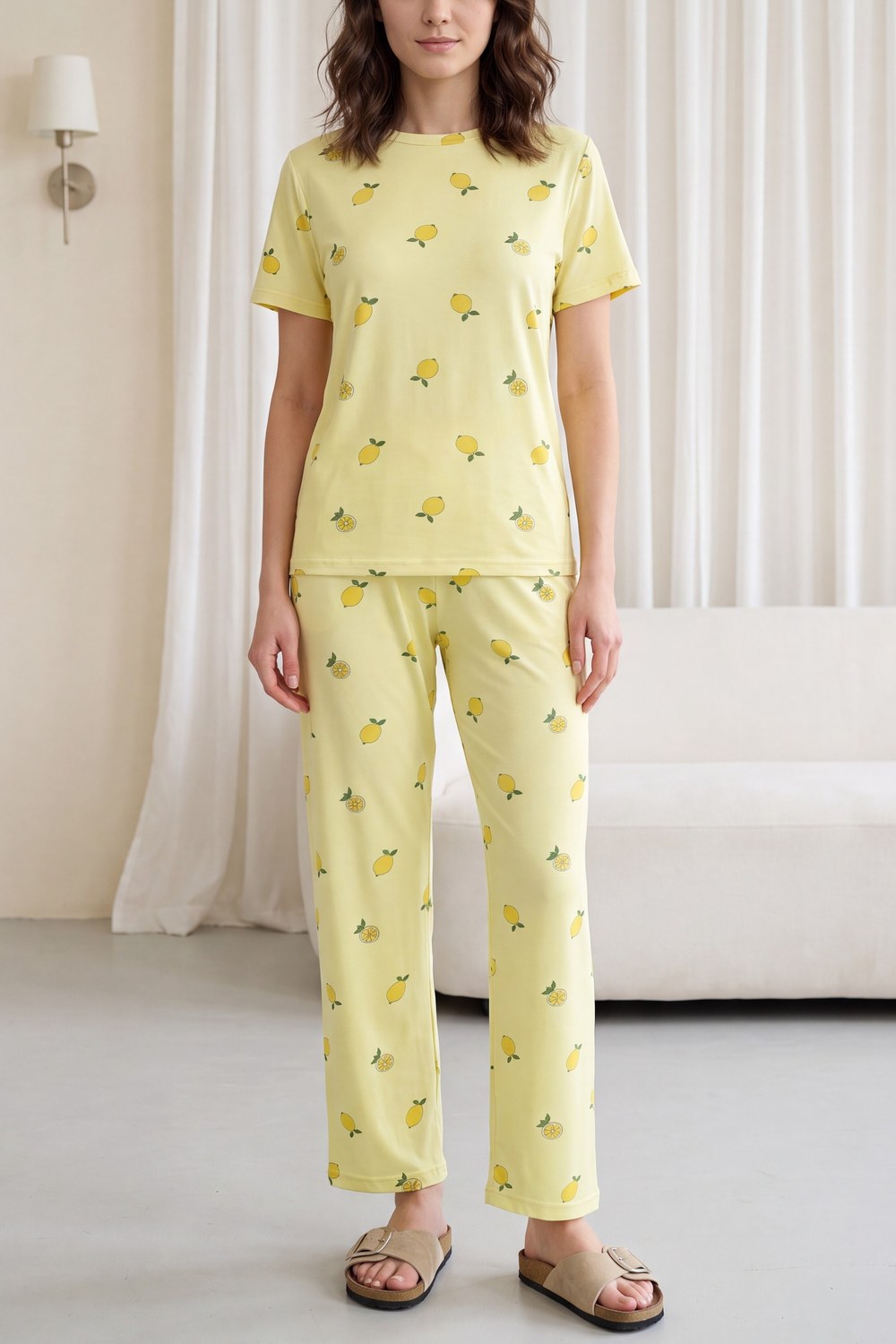 Limon Desenli Bisiklet Yaka Kısa Kol Penye Pijama Takımı -Sarı