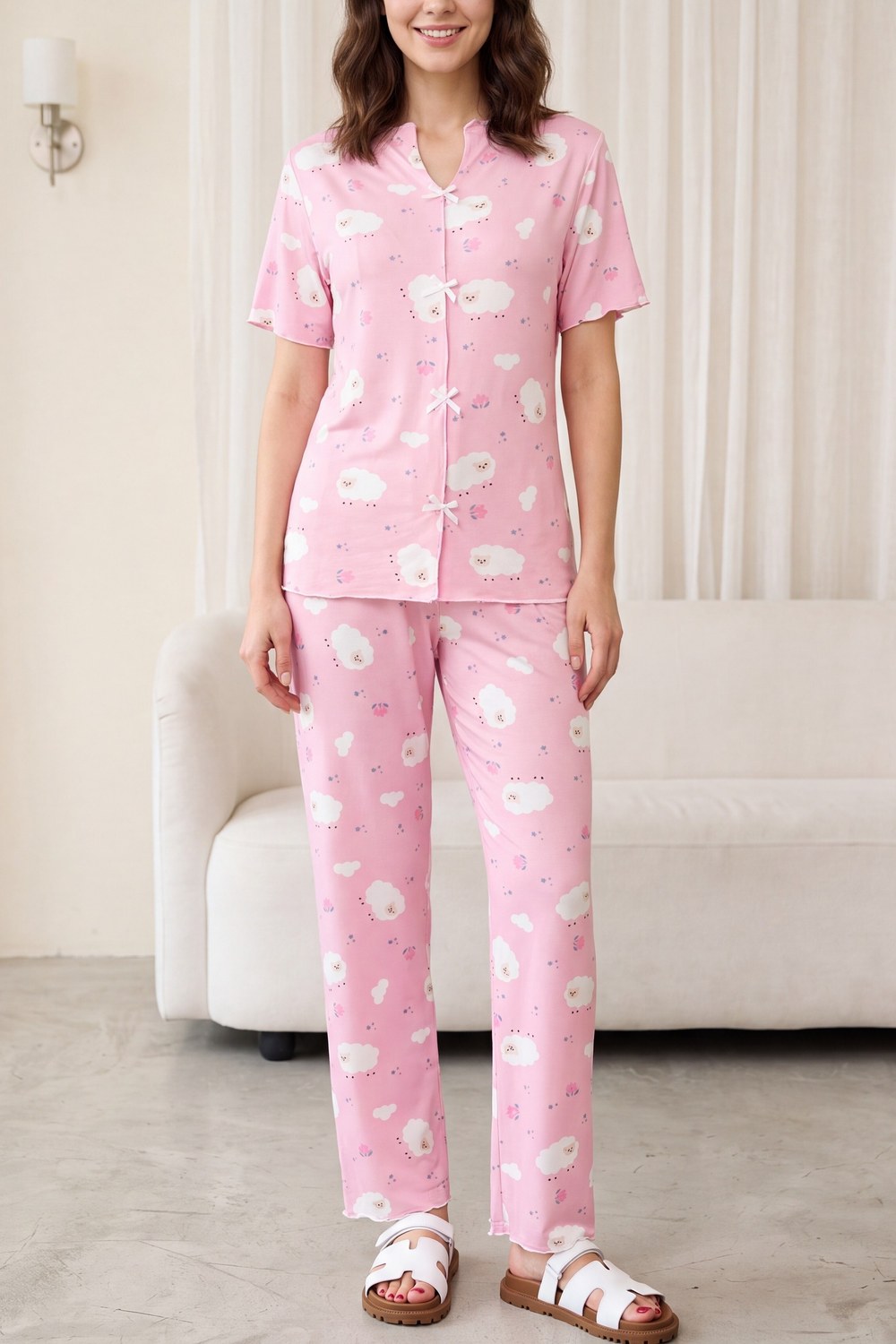 Karışık Figür Desenli V Yaka Önü Fiyonklu Kısa Kol Penye Pijama Takımı -Pembe