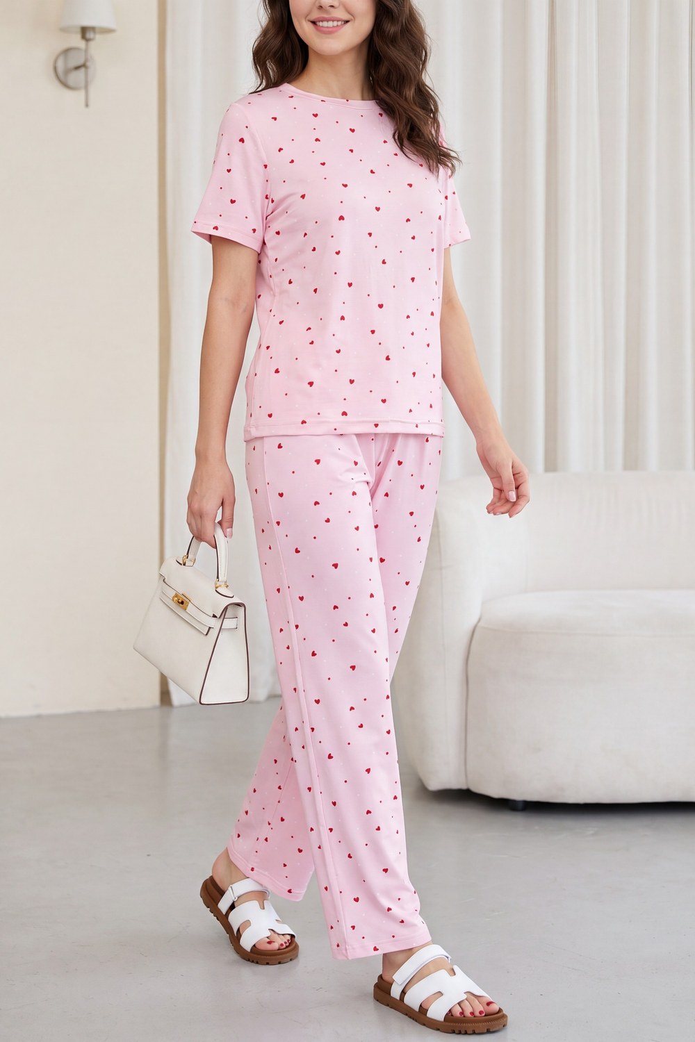 Kalp Desenli Bisiklet Yaka Kısa Kol Penye Pijama Takımı -Pembe