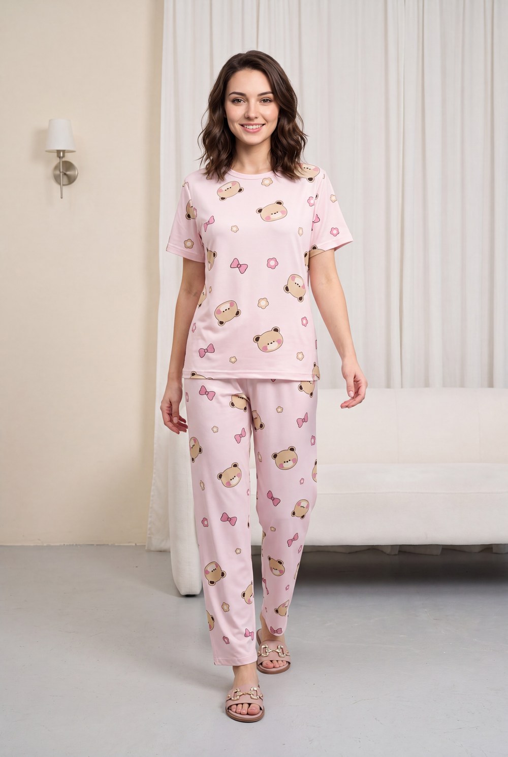 Karışık Figür Desenli Bisiklet Yaka Kısa Kol Penye Pijama Takımı -Pudra
