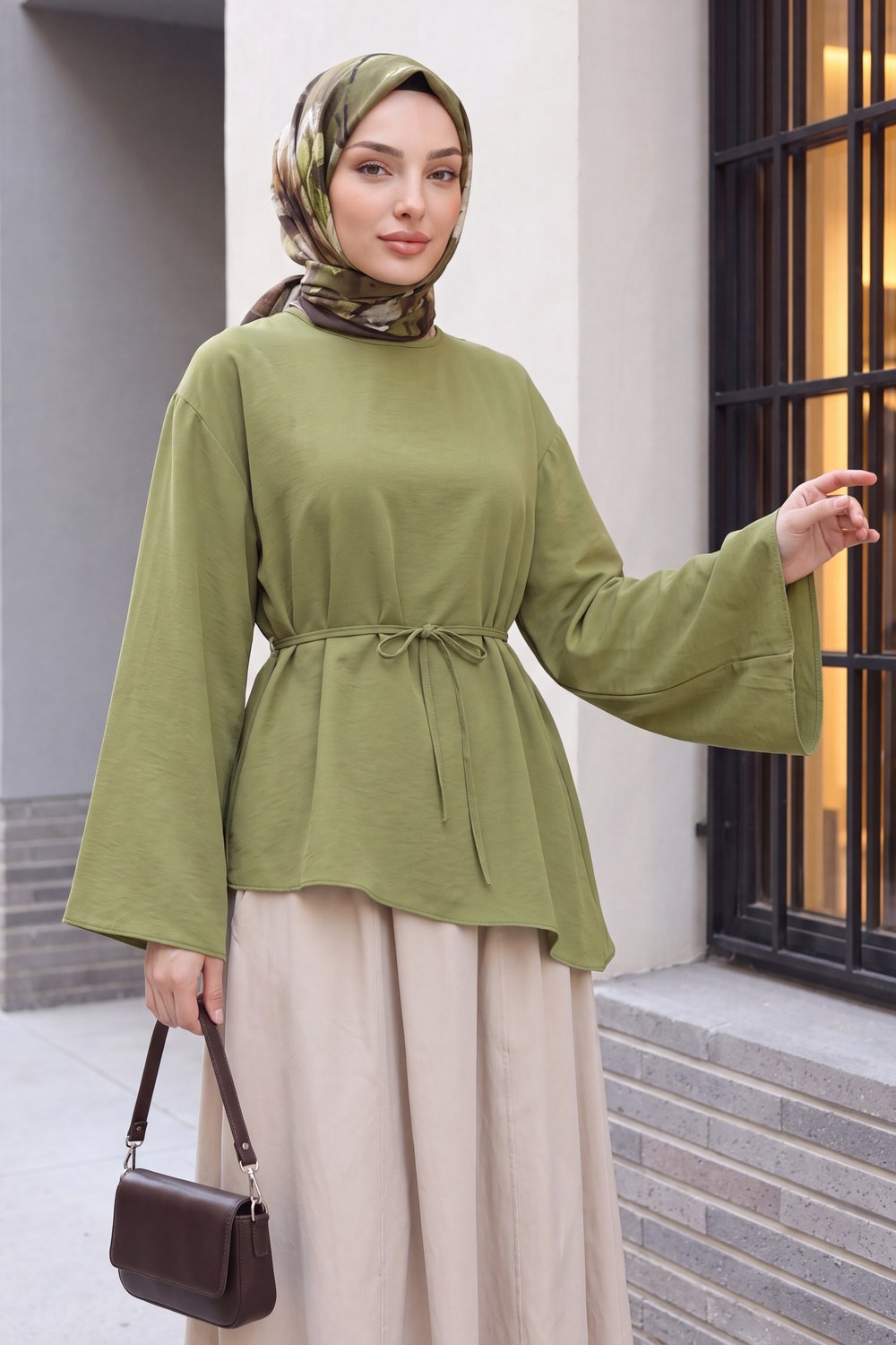 Asimetrik Kesim Beli Bağcıklı Oversize Modal Tunik -Çağla Yeşili