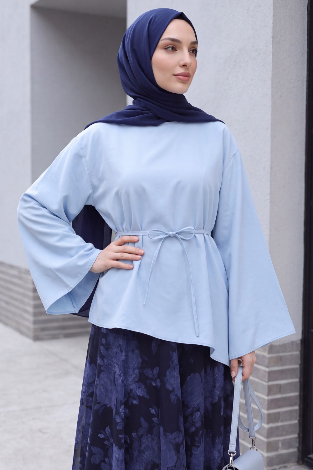 Asimetrik Kesim Beli Bağcıklı Oversize Modal Tunik -Bebe Mavi