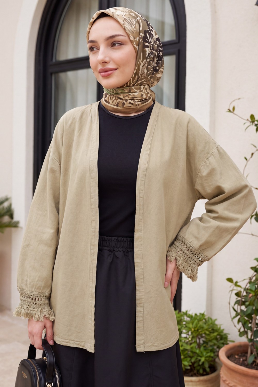 Kolları Püsküllü Beli Kemerli Keten Kimono -Vizon