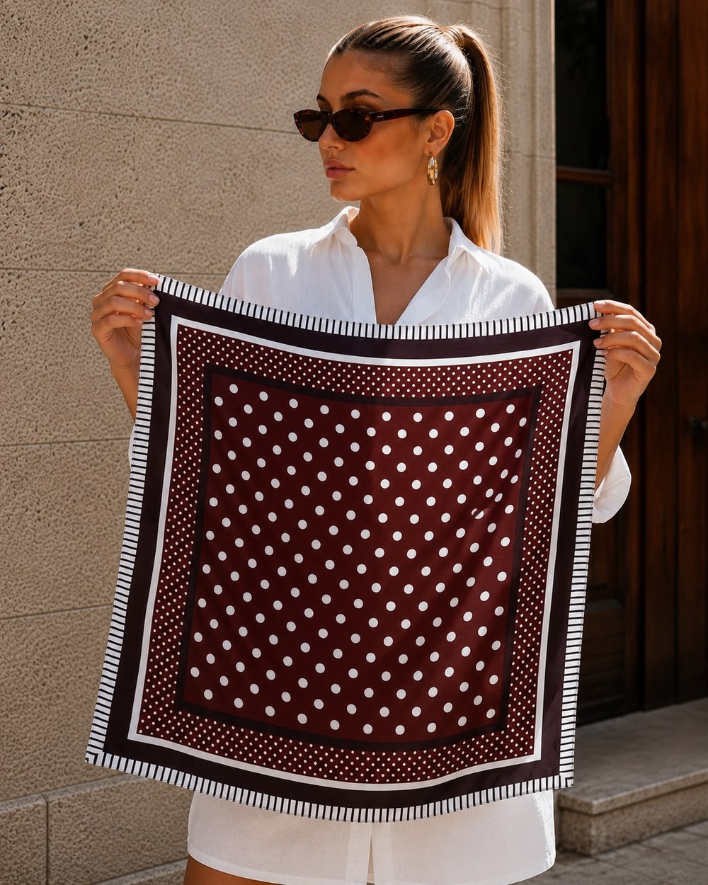 15408-7 Puantiyeli Kahverengi Bandana Fular 70x70 Cm