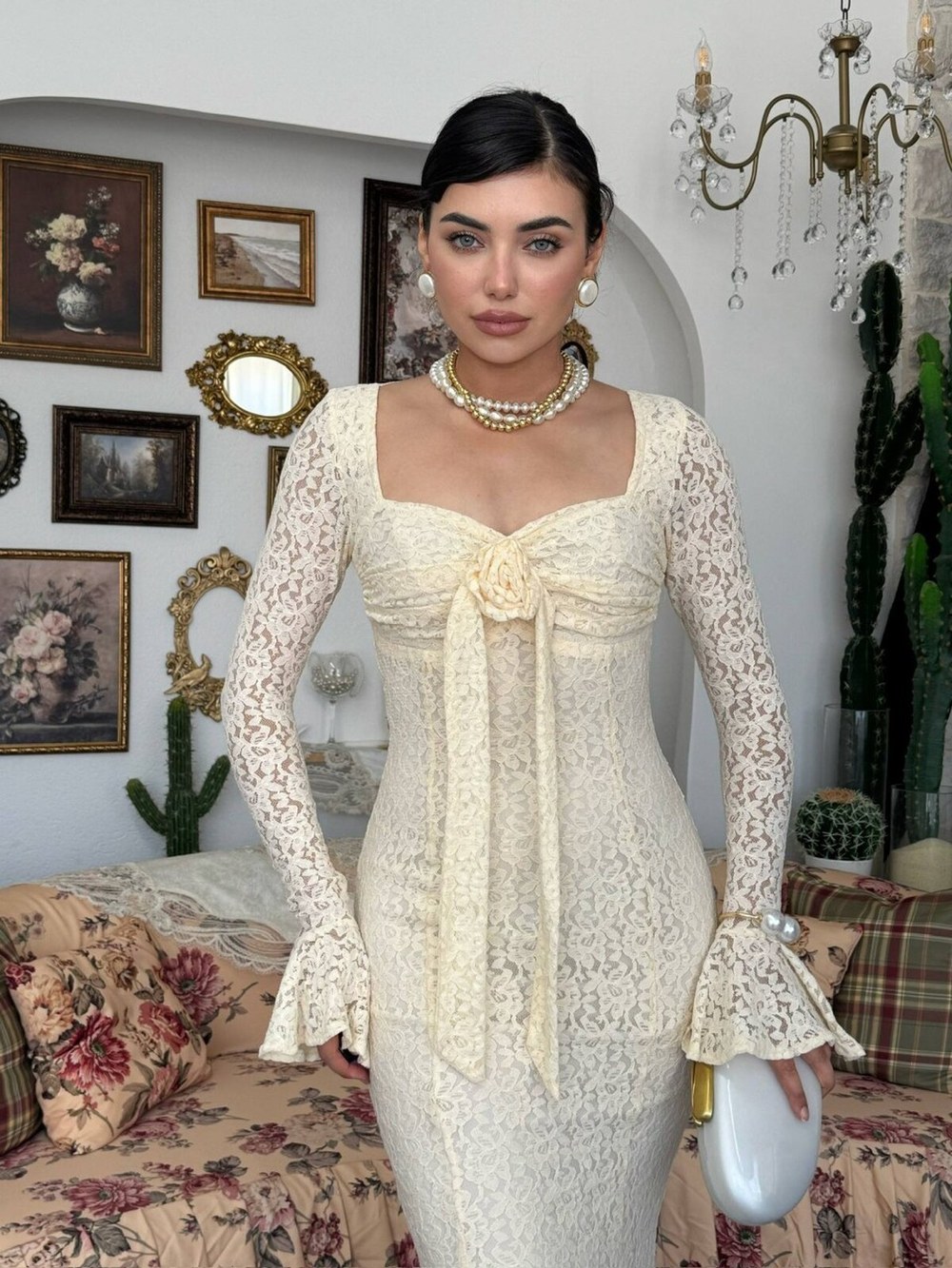 Cesam Gül Detaylı Elbise ETK-01010-bej