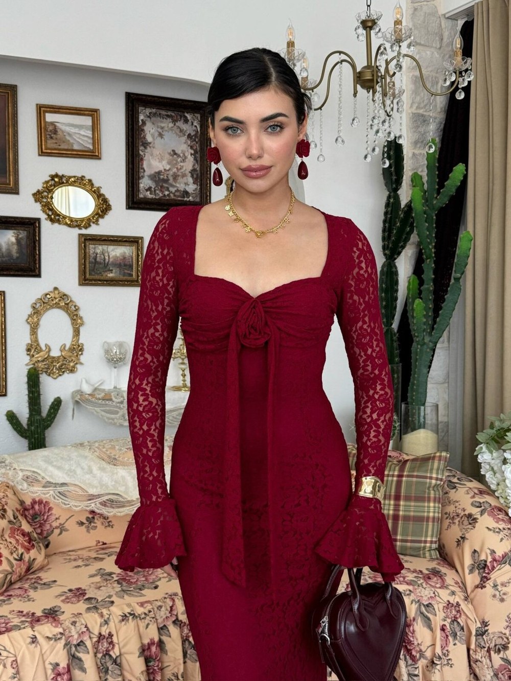 Cesam Gül Detaylı Elbise ETK-01010-bordo