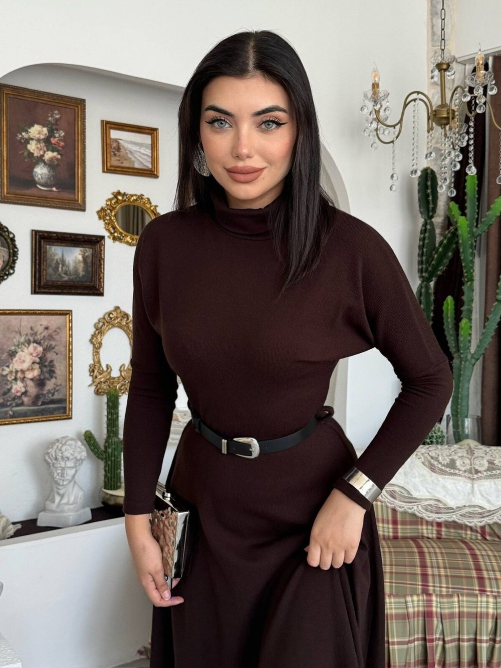 Dina Kemer Detaylı Elbise ETK-00116-kahve