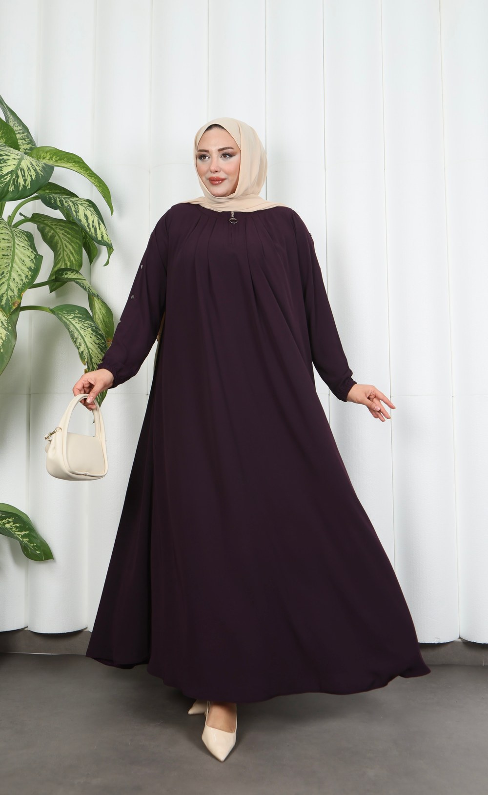 Yakadan Pileli Yarım Mevlana Ferace Mürdüm HNT7063