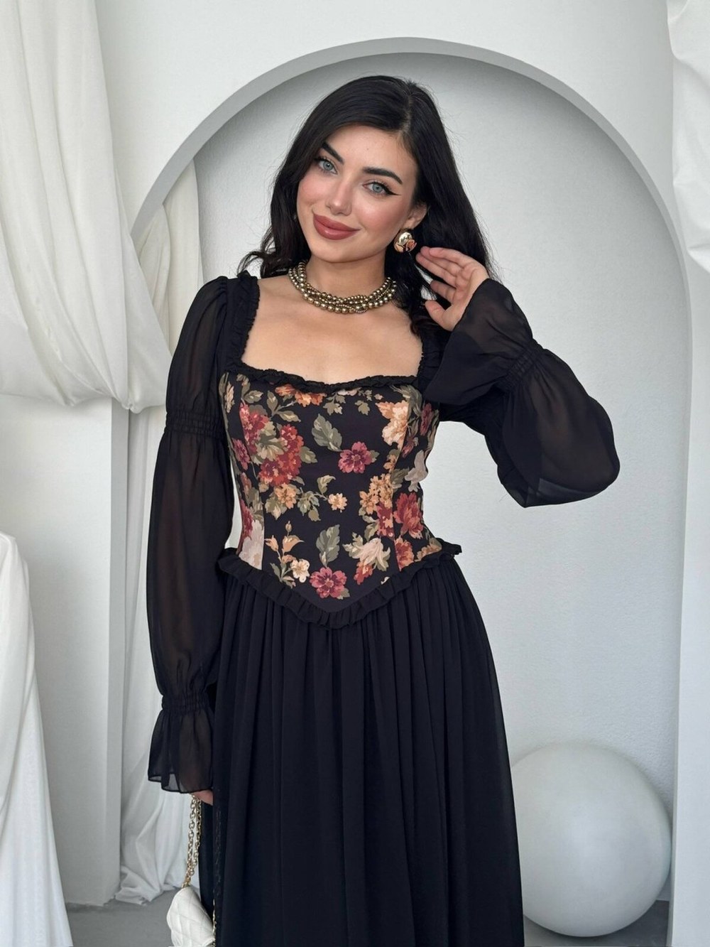 Elfı Çiçek Detaylı Elbise ETK-01041-siyah