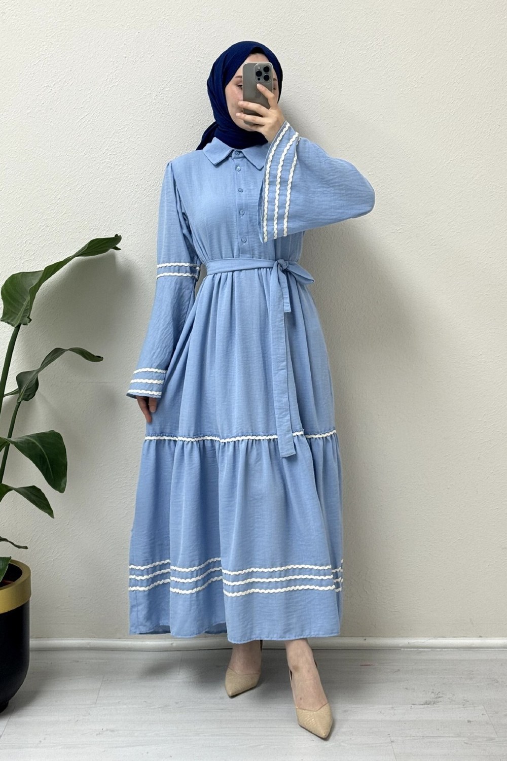 Kolları Ve Eteği Süzene İşlemeli Parçalı Elbise -Bebe Mavi