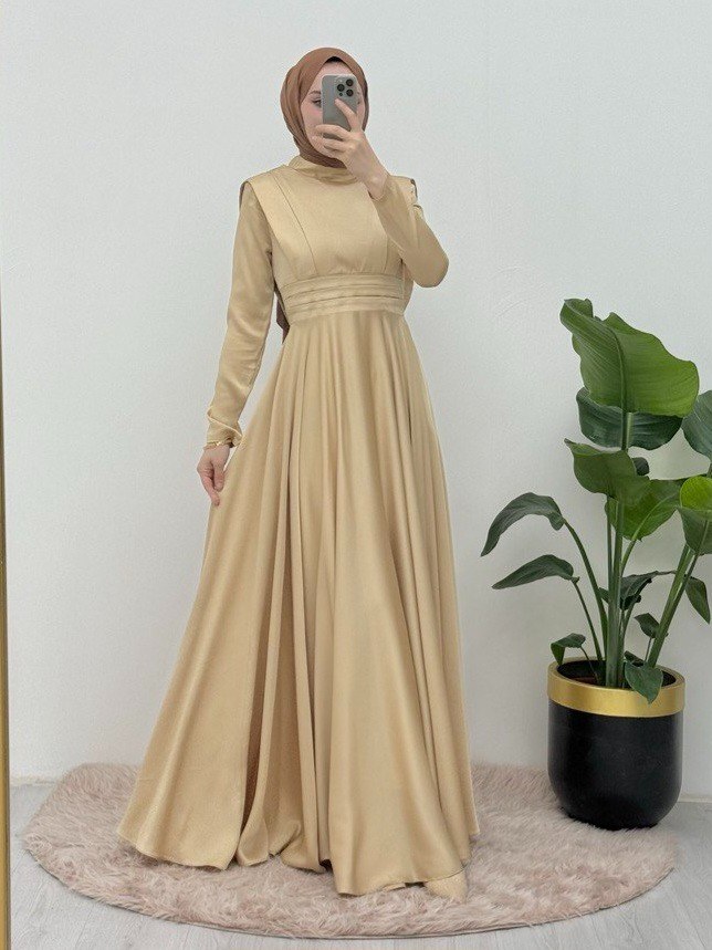 Beli Plise Detaylı Önü Çift Kat Saten Abiye -Sarı