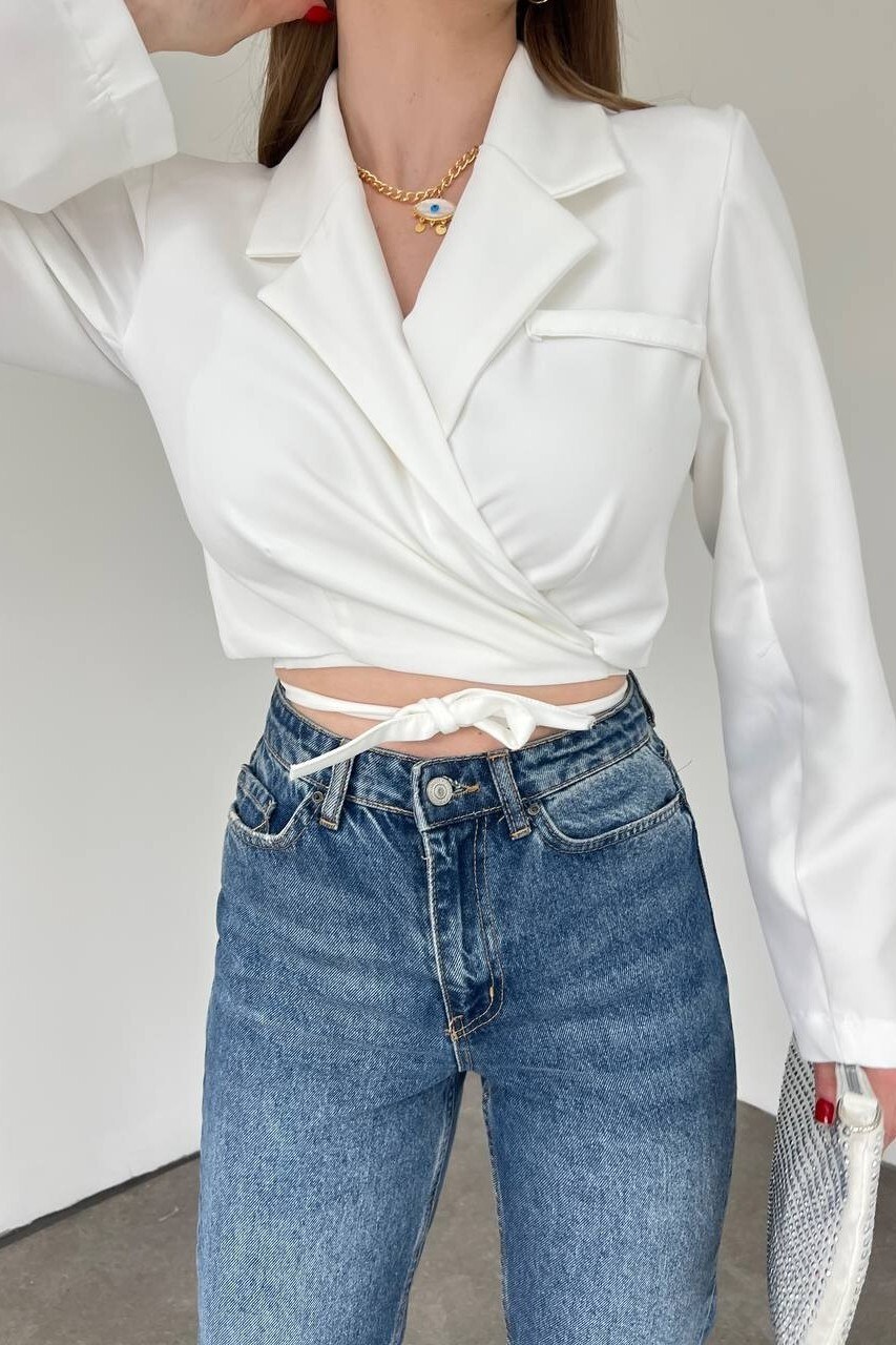 Sırt Dekolteli Beli Bağcıklı Crop Ceket -Beyaz