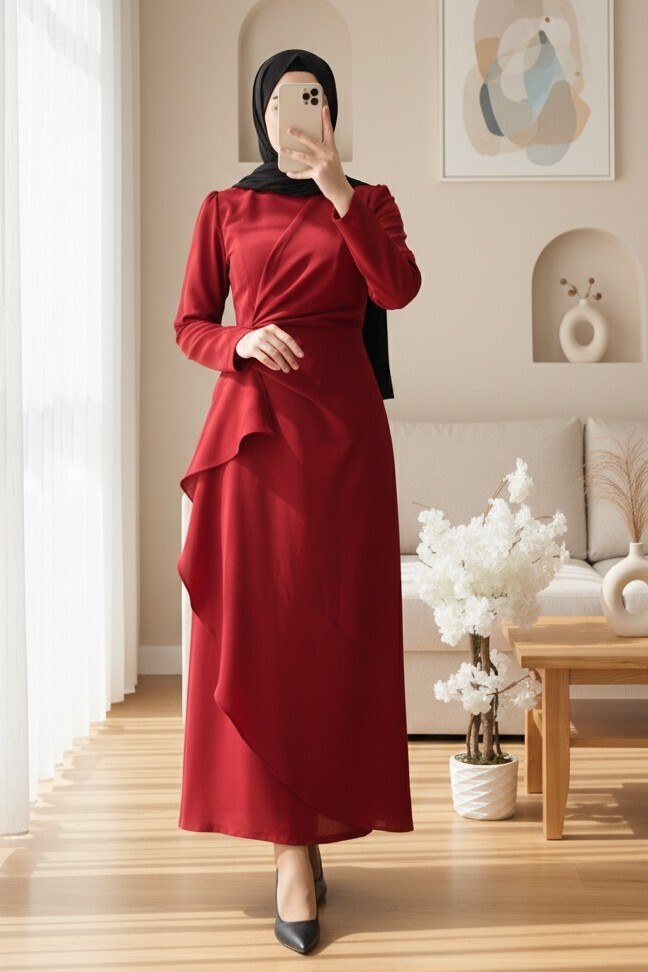 Önü Allerli Eteği Asimetrik Krep Elbise -Kırmızı