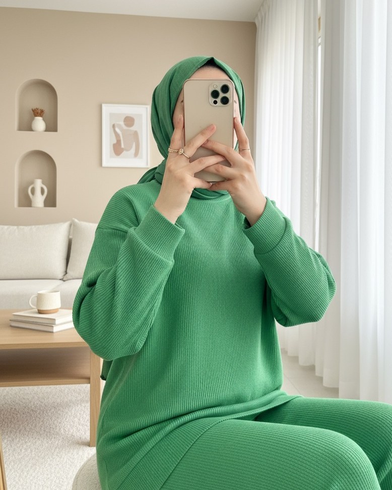 Renkli Kolye Detaylı Bisiklet Yaka İkili Takım -Yeşil