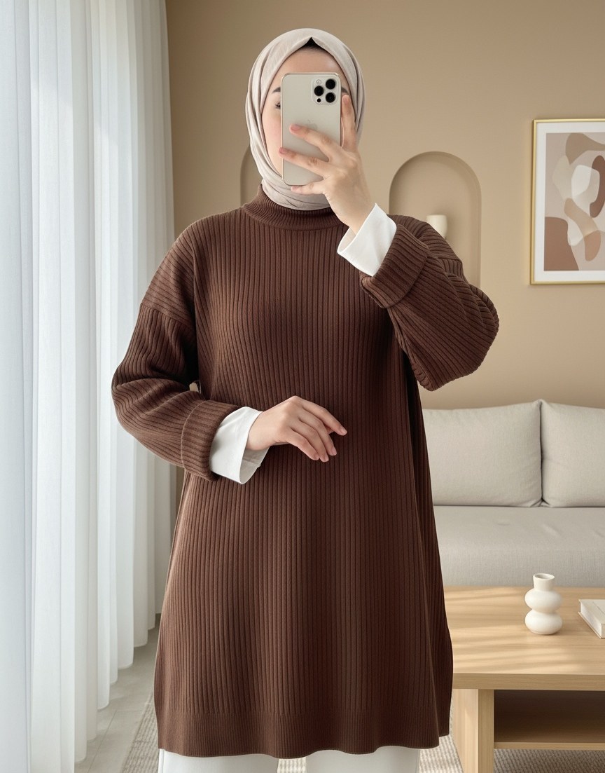 Yarım Boğazlı Yırtmaçlı Triko Tunik -Kahve