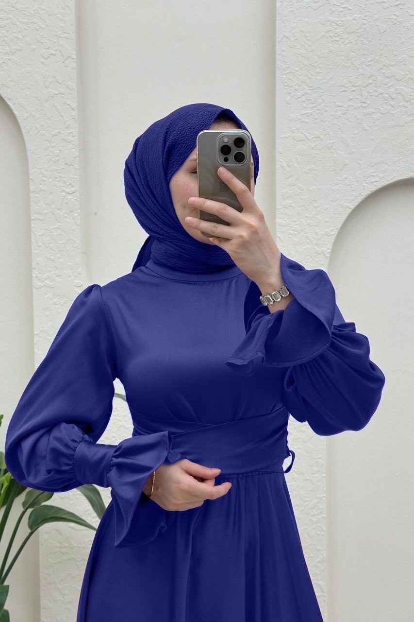 Beli Çapraz Bağlamalı Saten Abiye -Saks